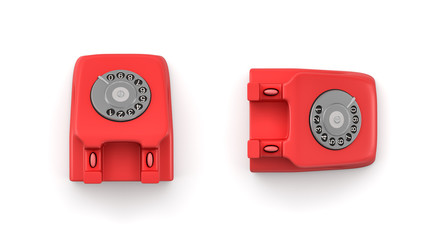 Wall Mural - 3d rendering of two red retro rotary phones without receivers in a top view.