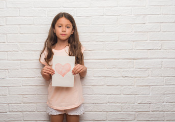 Poster - Young hispanic kid over white brick wall giving mother day card with a confident expression on smart face thinking serious