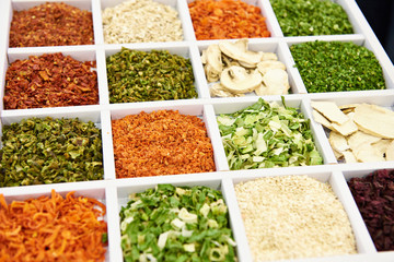 Dried seasoning vegetables and mushrooms in store