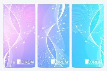 Poster - Modern set of vector flyers. Molecule and communication background. Wave flow. Geometric abstract package. Connected line with dots. Golden design in trendy linear style