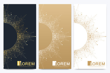 Poster - Modern set of vector flyers. Molecule and communication background. Geometric abstract golden package with mandala. Connected line with dots. Golden design in trendy linear style