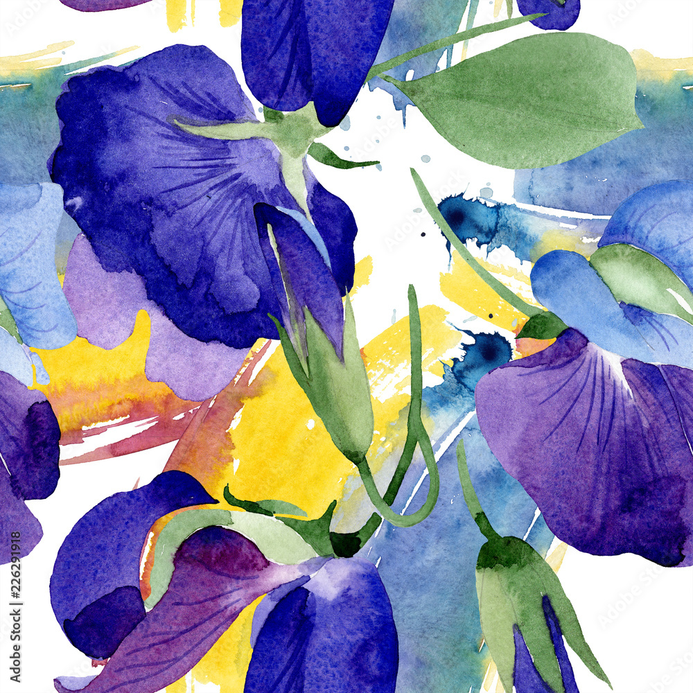 Watercolor purple sweet pea flower. Floral botanical flower. Seamless background pattern. Fabric wallpaper print texture. Aquarelle wildflower for background, texture, wrapper pattern, frame. - obrazy, fototapety, plakaty 