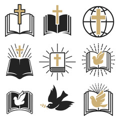 Wall Mural - Set of religious signs. Cross with dove, holy spirit, bible. Design elements for emblem, sign, badge.