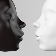Couple Black And White Opposite Faces About To Kiss, Art Creative Antipode Love Concept 3d Render.