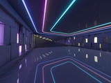 Fototapeta Do przedpokoju - Background of an empty room with walls and neon light. Neon rays and glow. 3D