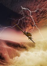 Vintage Aeroplane In Lighting Storm Over Sea, Illustration