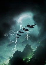 Vintage Aeroplanes In Lighting Storm, Illustration