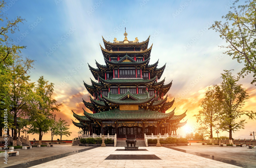 Ancient architecture temple pagoda in the park, Chongqing, China - obrazy, fototapety, plakaty 