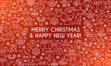Merry Christmas Banner. Design Template With Thin Line Icons On Theme New Year And Christmas. Vector Illustration
