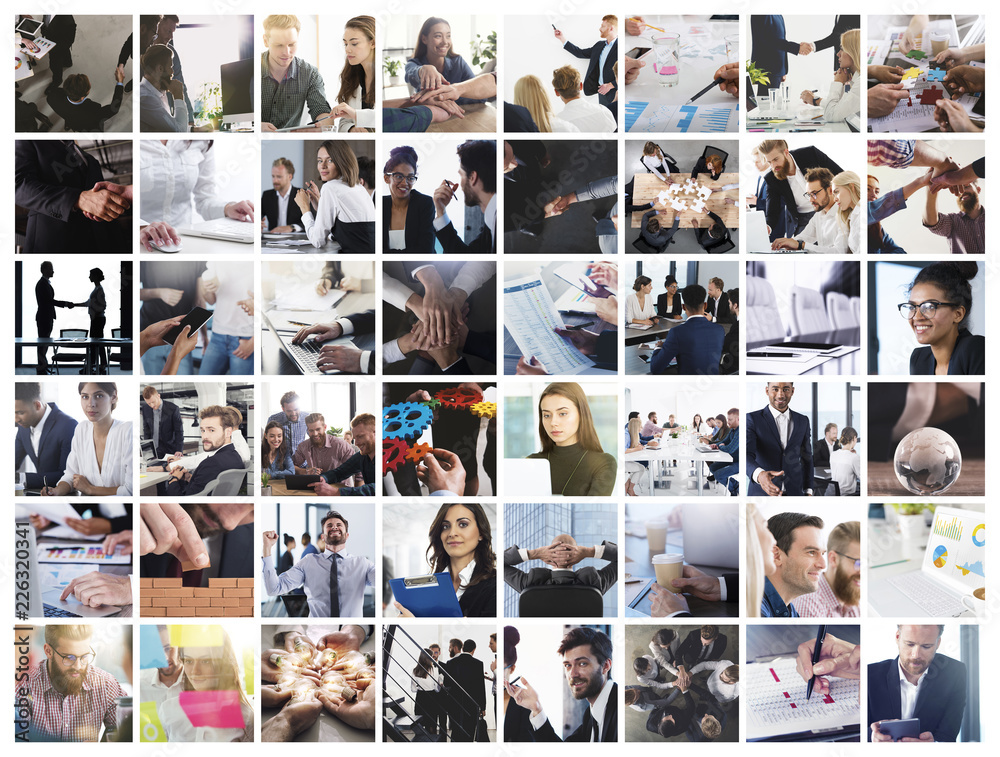 Business collage with scene of business person at work - obrazy, fototapety, plakaty 
