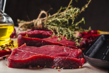 Poster - Fresh raw slices meat beef steaks and frying pan, close up