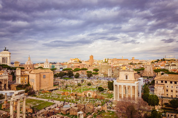 Wall Mural - Afternoon panorama of Roman forum under dramatic cloudy sky