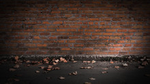 Background Empty Brick Wall On The Street, Asphalt, Yellow Leaves Autumn, Sunlight, City Street Background
