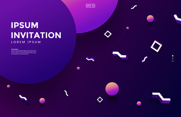Poster - Creative invitation template. Abstract background in memphis style. Colorful gradient wallpaper with 3d geometric shapes. Use for web page, party flyer, banner, promo etc. Vector illustration
