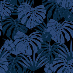 Wall Mural - vector seamless beautiful artistic blue tropical pattern with exotic forest. monotone color original stylish floral background print,