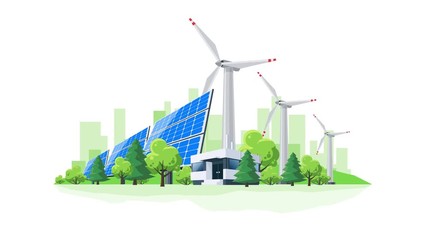 Wall Mural - Simple motion loopable 4K flat cartoon animation of wind turbines and solar panels in front of the city skyline office buildings. Sustainable renewable eco green energy supply city theme.