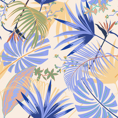 Wall Mural - vector seamless beautiful artisticsummer pastale bright tropical pattern with exotic forest. Colorful cute original stylish floral background print, bright rainbow colors