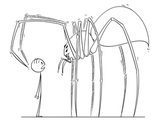 Poster - Cartoon stick drawing illustration of man facing giant spider monster.