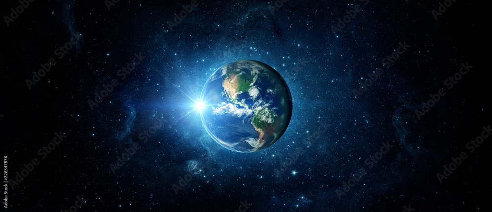 Panoramic view of the Earth, sun, star and galaxy. Sunrise over planet Earth, view from space. Elements of this image furnished by NASA - obrazy, fototapety, plakaty 