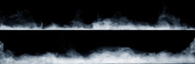 Panoramic View Of The Abstract Fog Or Smoke Move On Black Background. White Cloudiness, Mist Or Smog Background.