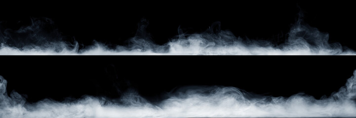 Panoramic view of the abstract fog or smoke move on black background. White cloudiness, mist or smog background.