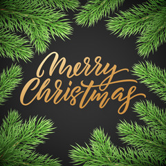 Leinwandbilder - Gold Christmas card lettering on black background with green Christmas trees branches