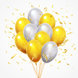 Fototapeta  - Flying balloons group. Golden shiny falling confetti, glossy yellow and white helium balloon with gold ribbon 3d vector illustration