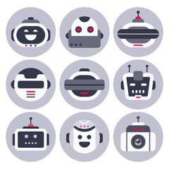 Poster - robot icon. robotic chatbot avatar, computer chat help bot robots and virtual assistant digital chat
