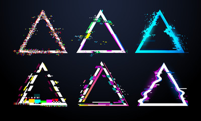 Poster - glitch triangle frame. distorted tv screen, flaw light bug effects on defect glitched triangles. dis