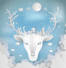 Paper art style of Merry christmas and New Year. Illustration of deer and antler with city winter landscape with snowflakes, light, stars. minimal greeting card concept.