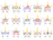 Unicorn face. Beautiful pony unicorns faces, magic horn in rainbow flower wreath and cute eyelashes vector illustration set