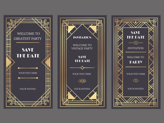 Wall Mural - Art deco art banner. Fancy party event invitation, glamour golden retro vogue pattern and gold frames vector banners illustration set