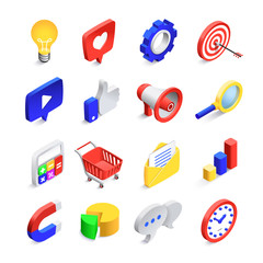 Poster - 3d social marketing icons. isometric web seo likes sign, business mail network and website search bu