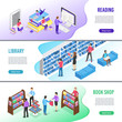 Isometric read book banner. Online library books with bookmark, reading ebook and research textbook vector banners illustration set