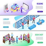 Fototapeta  - Isometric read book banner. Online library books with bookmark, reading ebook and research textbook vector banners illustration set