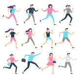 Fototapeta  - Running people. Man and woman run, jogging workout and athletic sport runners. Sports exercising isolated flat vector illustration