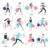 Fototapeta  - People with shopping bags. Shopaholic man and excited woman carrying bag. Happy people buy presents on sale vector characters set