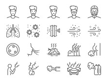Air Pollution Line Icon Set. Included Icons As Smoke, Smell, Pollution, Factory, Dust And More.