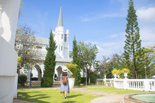 Woman Is Traveling At Christian Kensington Church  In Khao Yai, Thailand.