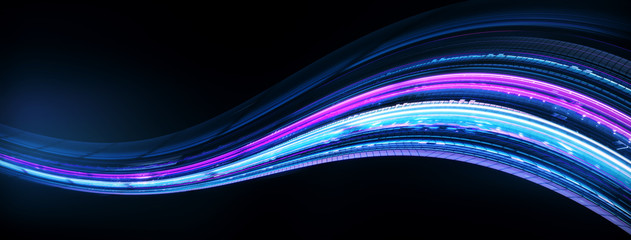 Fototapete - Light and stripes, glow abstract effect, paint splash, colorful curl, artistic spiral. Vivid red ribbon on black background. 3d illustration