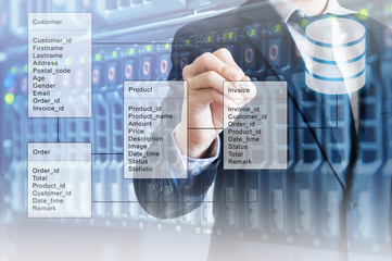 double exposure of professional businessman system analysis design and drawing database table with f