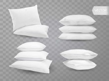 Realistic White Bed Room Rectangle Pillows Side En Top View Combinations Mockup Set Transparent Background Vector Illustration