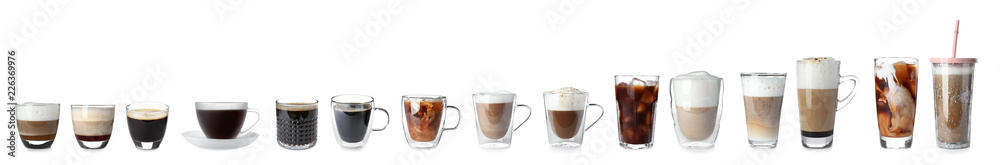 Set with different types of coffee drinks on white background - obrazy, fototapety, plakaty 
