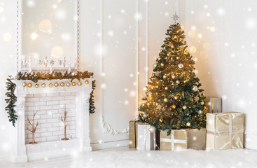 Wall Mural - christmas tree background and christmas decorations, blurred, sparking, glowing. happy new year and 