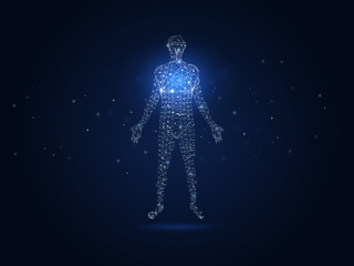 Futuristic polygonal shape of low poly human silhouette with connected dots and lines. Abstract 3d rendering.