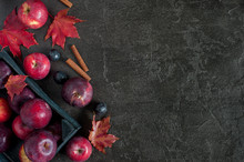 Black Background With Fresh Ripe Apples In The Wooden Box