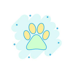 Wall Mural - Cartoon colored paw print icon in comic style. Dog, cat, bear paw illustration pictogram. Pawprint sign splash business concept.