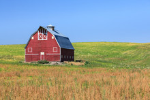 Classic Red Barn In Field During Summer.