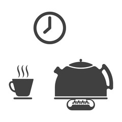 Wall Mural - set of three icons of tea drinking - a kettle on the gas burner, a mug of hot drink and a clock. vec