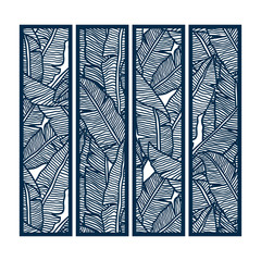 Die and laser cut ornamental panels with floral pattern of banana leaves. Laser cut decorative lace borders patterns. Set of bookmarks templates.